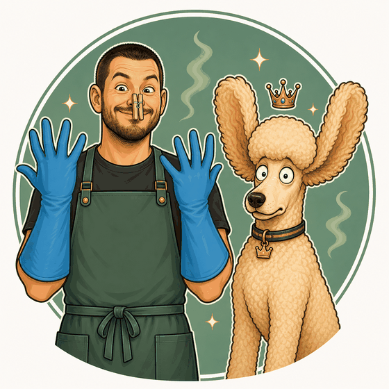 Cartoon of Joe in rubber gloves and a clothespin on his nose, with a wide-eyed Duke