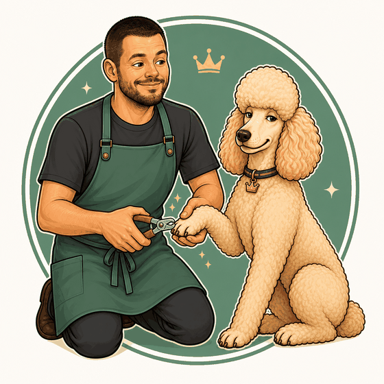 Cartoon of Joe trimming Duke the poodle's nails
