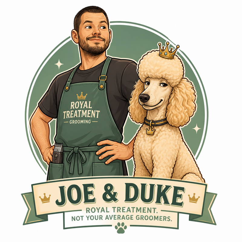 Illustrated mascot of Joe and his poodle Duke wearing a small crown — Duke's Dog Grooming, Tulsa OK